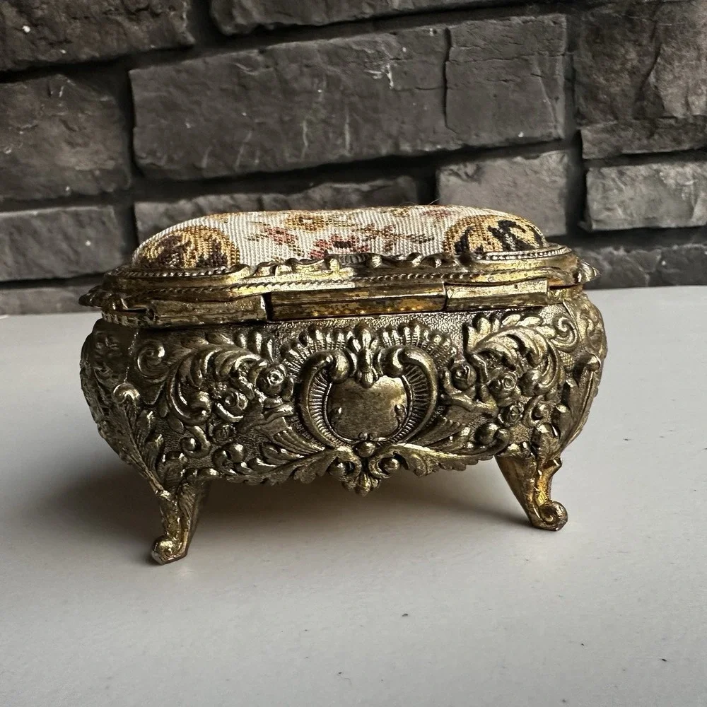 Vintage Metal Gold Heart Shaped Jewelry Trinket Box Embroidered Granny Cottage